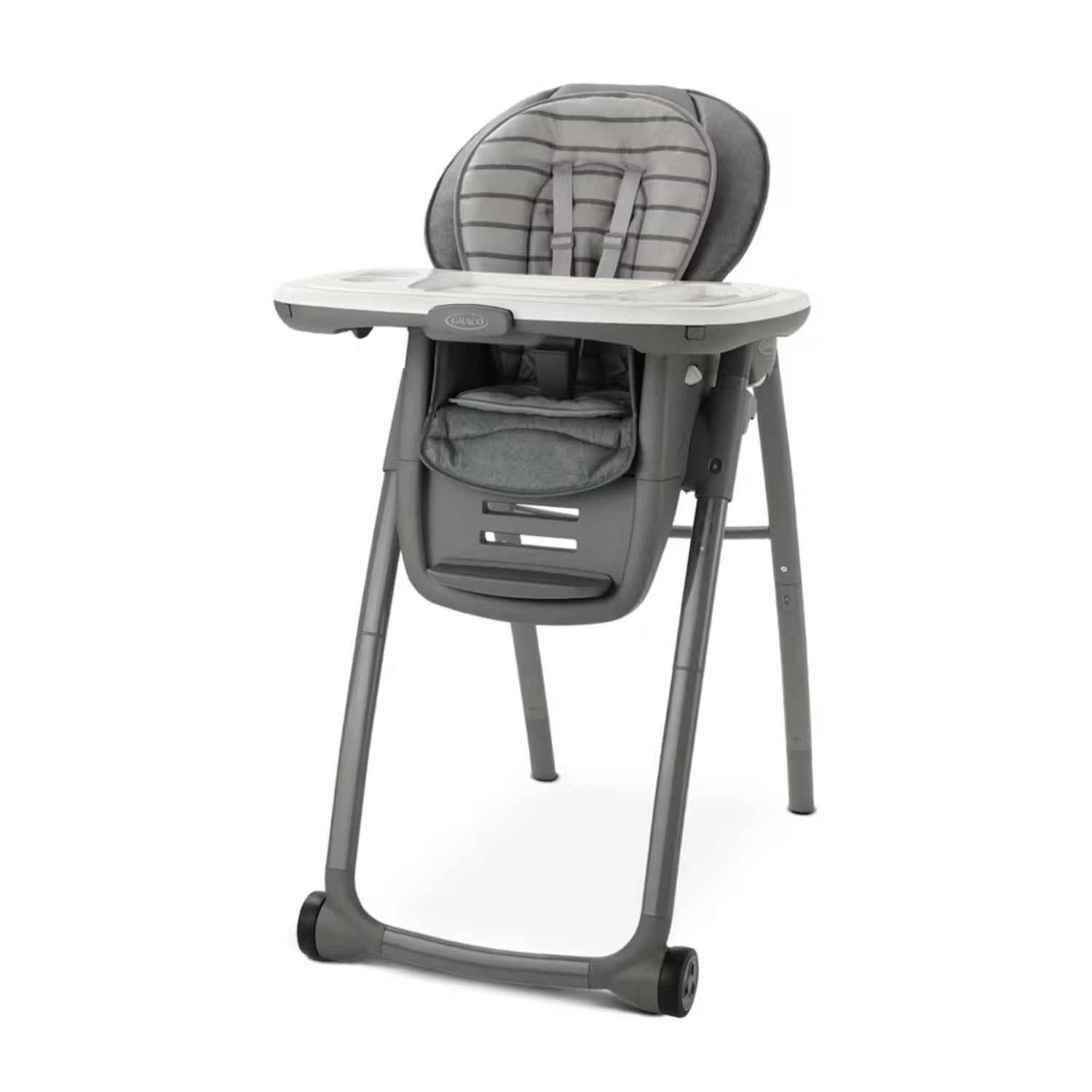 silla alta Graco gris frontal con bandeja para alimentación